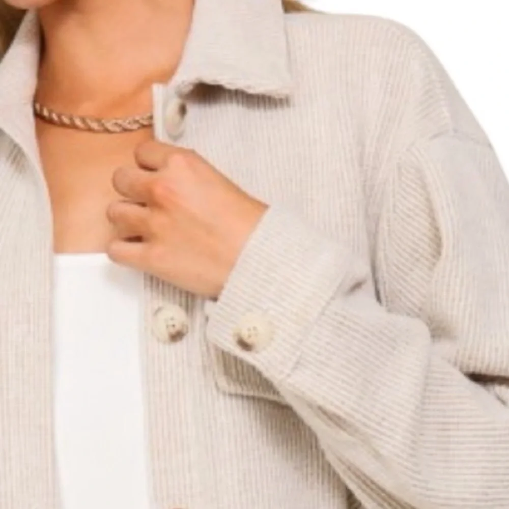 Timing Shacket Collared Button Up Long Sleeve Oatmeal/ Cream stripe Shacket - Picture 2 of 6